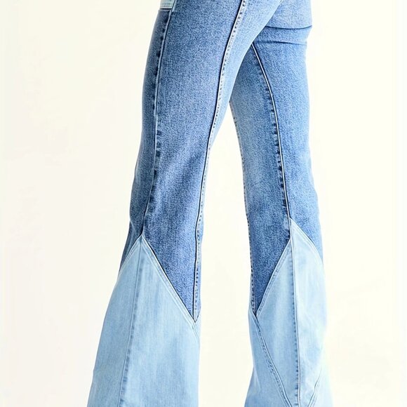 Denim Cotton Patchwork Hi-Waist Flared Blue Jeans - Picture 4 of 6
